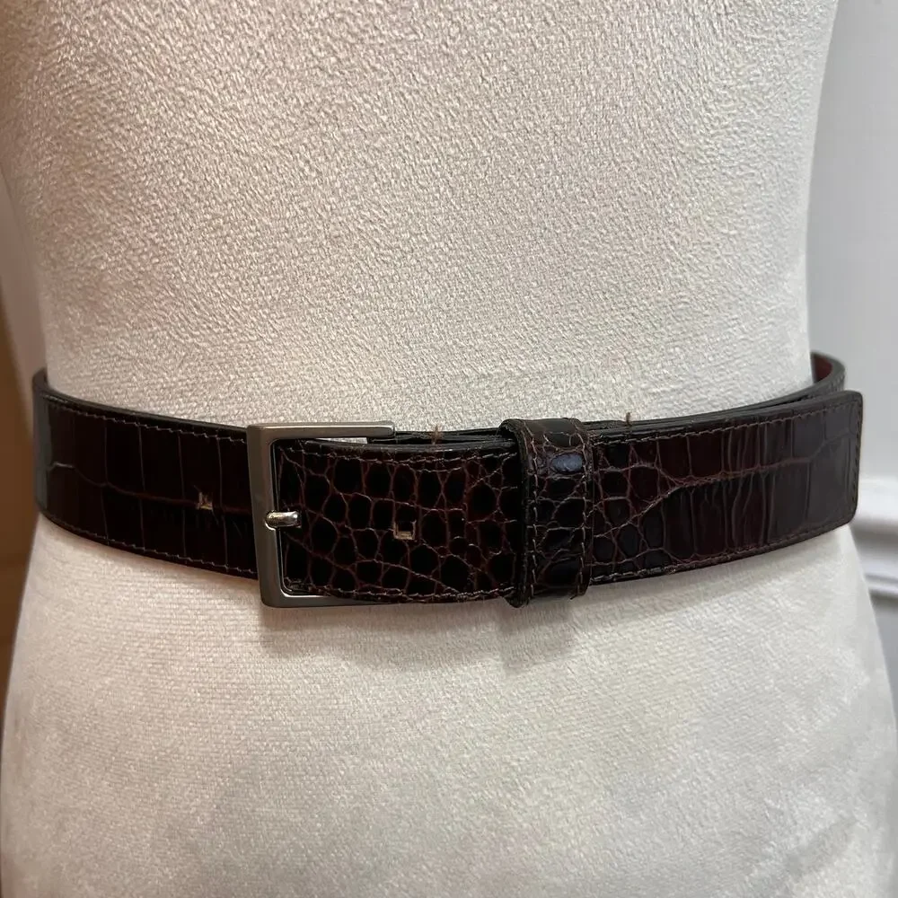 Tommy Hilfiger Brown Embossed Leather Belt Croc Print Size S Made in Turkey